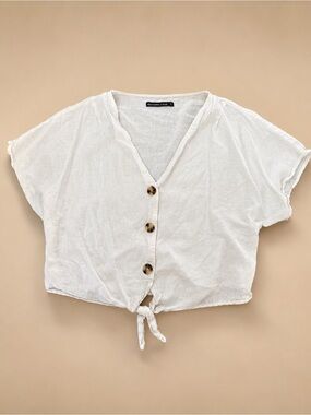 Abercrombie & Fitch White Linen Tie Front Button Top Blouse Size Small